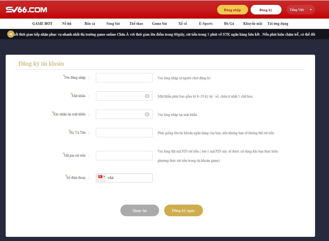 Nian Nian You Yu SV66 - Giới thiệu chi tiết về game slot hot 9 Biểu mẫu thông tin cần thiết để đăng ký tạo tài khoản mới tại SV66