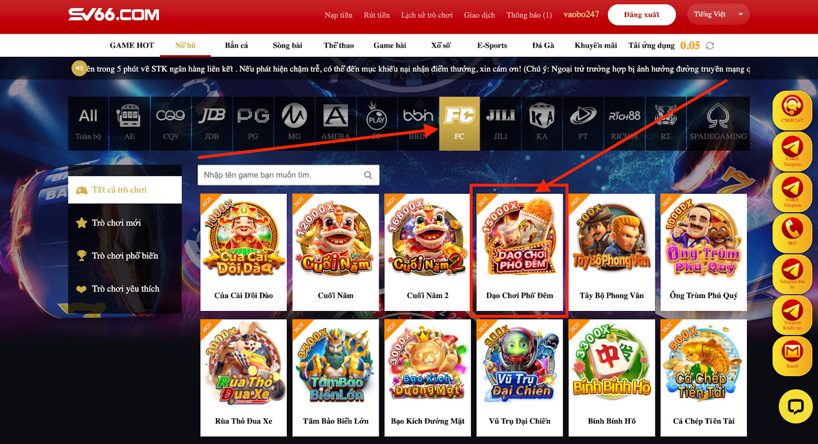 Dạo chơi phố đêm SV66 - Hướng dẫn chơi game nổ hũ đẳng cấp 9 Tìm kiếm trò chơi Dạo chơi phố đêm SV66 trong sảnh FC FA Chai Gaming